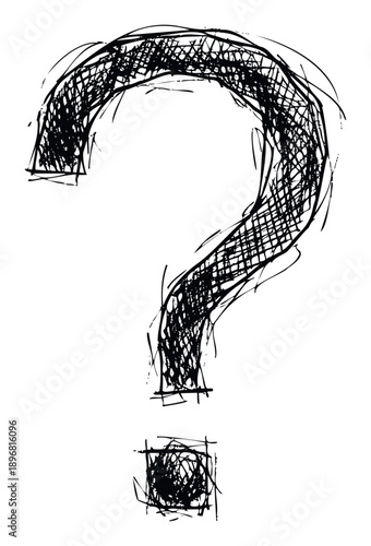 Hand drawn question mark symbol created with a confused messy scribbled textured ink style for various visual media projects seeking uncertainty or inquiry themes.