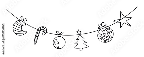 Festive Christmas garland with various handdrawn ornaments including moon, candy cane, baubles, and stars, perfect for holiday greetings, decorations, and seasonal celebrations