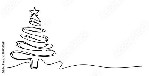 Minimalist continuous line drawing of a festive Christmas tree topped with a star, perfect for holiday greetings and winter seasonal promotions.