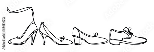 A continuous single line drawing depicts a progression of womens footwear from boots to high heels and more traditional shoes, perfect for representing style evolution or diverse choices.
