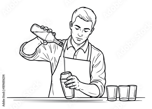 A skilled male bartender preparing a refreshing drink, expertly pouring liquid from a bottle into a cocktail shaker on a sleek bar counter with empty glasses, ideal for beverage industry