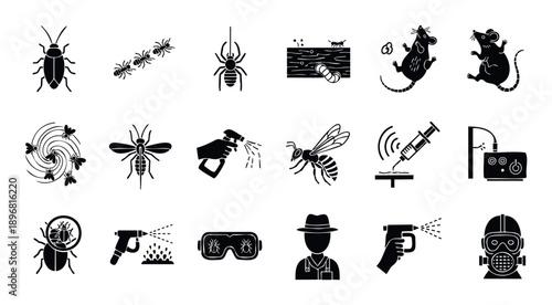 Essential pest control icon set featuring common household insects and rodents along with professional extermination tools for effective digital and print media applications
