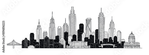 Bold monochrome cityscape featuring a variety of tall buildings and a connecting bridge, ideal for graphic projects, corporate identity, or urban themed advertisements, presentations, and