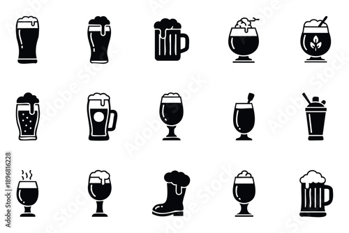 A diverse collection of solid black beverage icons featuring various beer glasses, foamy mugs, hot drinks, and cocktails, ideal for app interfaces, website graphics, and restaurant menu