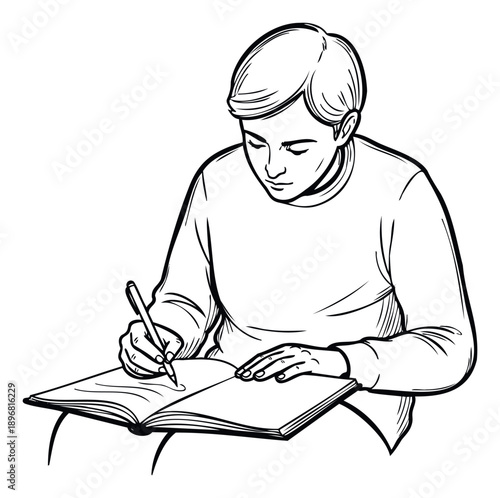 Young student deeply engrossed in writing within an open book using a pen, perfect for educational materials, academic publications, and content related to studying or learning.