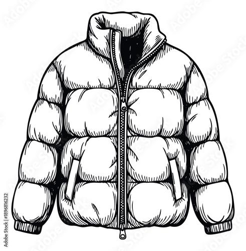 Outline drawing of a quilted puffer jacket featuring a prominent zipper, suitable for clothing brand promotions, textile prints, or seasonal merchandise displays.