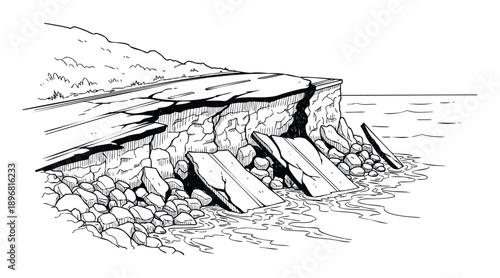 Coastal road collapse due to erosion, depicting a hazardous infrastructure failure scenario suitable for engineering or environmental awareness publications.