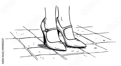 Sketch of womens fashionable highheeled shoes with straps and buckles, standing on a textured paved floor, suitable for elegance, walk, or footwear related publications.