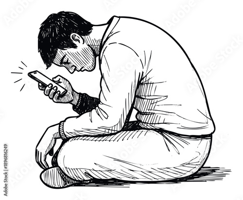 A person intensely looking down at a mobile device while sitting, portraying the pervasive habit of smartphone interaction in daily life for various digital content uses.