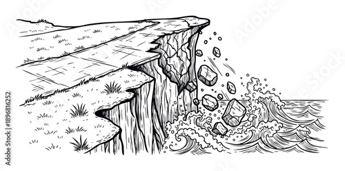 Engaging black and white line drawing depicting a dynamic coastal landslide as large stones tumble from a cracked bluff into the frothy ocean surf, ideal for visual storytelling and