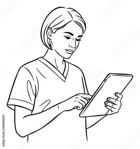A dedicated professional woman in uniform is attentively operating a modern digital tablet, ideal for healthcare, education, technology, or businessrelated visual media presentations.