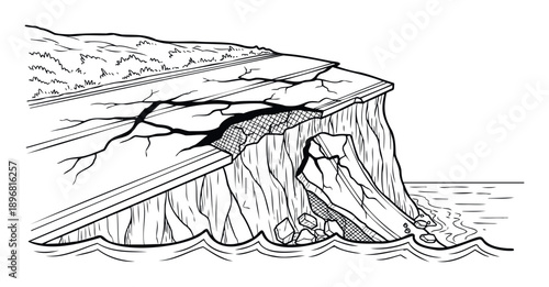 Illustrating a severe coastal landslide featuring a cracked road and crumbling cliff face falling into the ocean, ideal for educational and informational content covering geological