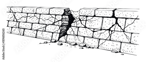 Crumbling brick wall with extensive cracks and a large hole showing structural damage and decay for architectural integrity discussions construction failure presentations or renovation