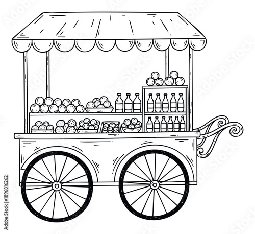 A charming hand drawn style street food cart filled with fresh fruits and beverages perfect for food festival promotions, culinary blog content, or market event advertising.