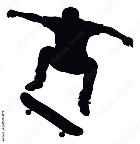 Dynamic silhouette of a young skateboarder performing an airborne trick with their board, ideal for sports event promotions, active lifestyle blogs, and extreme recreation advertisements