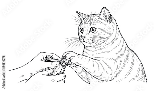 Domestic cat receiving a careful claw trimming from human hands utilizing specialized pet nail clippers, valuable for pet care resources, veterinary clinic promotions, and grooming service