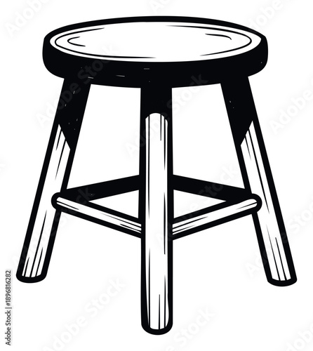 Black and white handdrawn style wooden stool perfect for graphic furniture concepts or adding a rustic seating element to various marketing materials