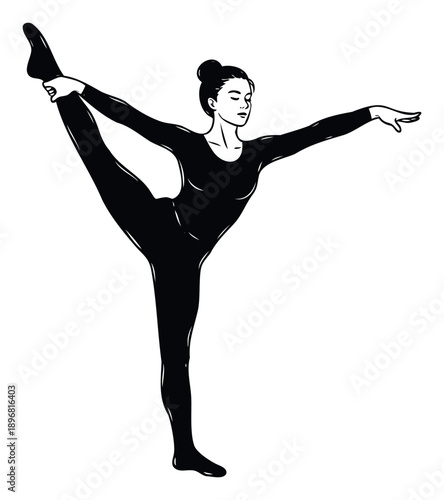 Graceful female dancer performing a challenging balance pose, perfect for fitness blogs, yoga studio promotions, or sportswear advertisements.