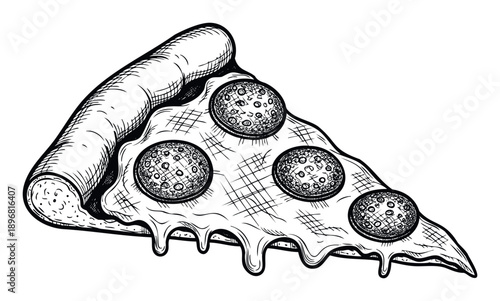 Delicious pepperoni pizza slice with dripping cheese in a handdrawn engraving style perfect for restaurant menus, food packaging, and culinary blog graphics