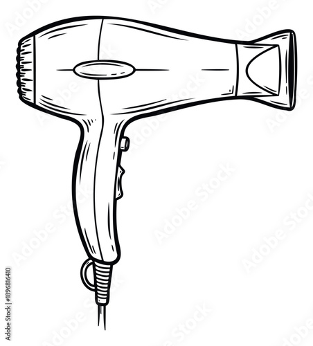 Stylized handdrawn black and white hairdryer perfect for beauty and hair care industry promotions, salon advertisements, or graphic design projects related to personal grooming appliances.