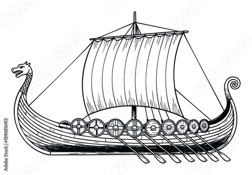 Traditional Viking longship drawing with a fierce dragon head at the bow and a large square sail, perfect for historical documentaries or cultural event promotions.