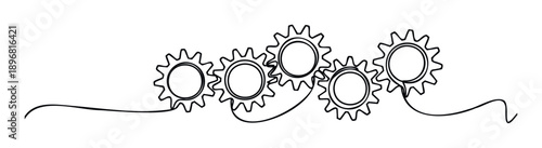 Continuous line drawing of five interconnected gears symbolizing collaboration and mechanical process, perfect for engineering presentations, corporate websites, and technology branding