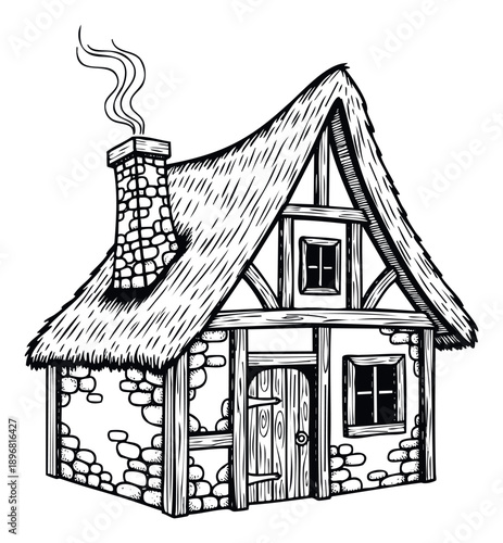 Classic hand drawn cottage dwelling with a rustic thatched roof and smoking chimney perfect for historical storytelling illustrations or whimsical village graphics