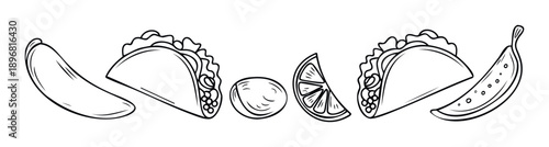 Delicious hand drawn fresh produce and Mexican tacos perfect for food blogs, restaurant menus, cooking tutorials, kitchen decor, or health and diet related educational materials.