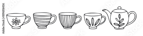 A complete collection of outlined tea and coffee mugs with various simple decorative patterns and a matching teapot, perfect for kitchenware themed projects.