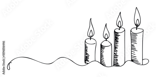 Minimalist black and white continuous stroke depiction of lighted candles, symbolizing hope and celebration, perfect for various spiritual or festive projects.