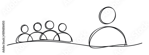 Continuous line drawing of people in a meeting or presentation setting, symbolizing teamwork, discussion, and communication for business and educational content