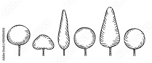 Various stylized tree shapes providing simple graphic elements perfect for garden design, urban planning projects, and childrens book illustrations