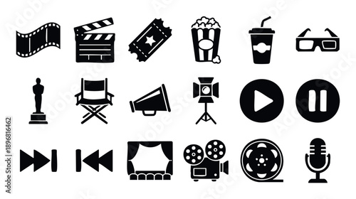 A comprehensive collection of black silhouette movie and cinema themed graphic icons representing film production elements, entertainment industry symbols, and media playback controls,