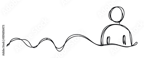 Minimalist continuous line drawing depicting a human figure emerging from a wavy abstract path, perfect for illustrating concepts of journey, thought, or communication in presentations and