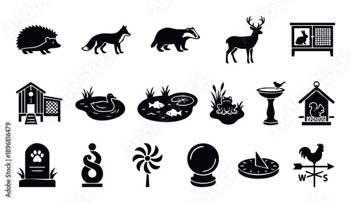 Collection of garden and wildlife icons including various animals, ponds, feeders, and outdoor decorations perfect for graphic projects and nature themed designs