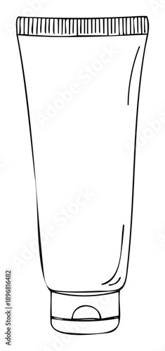Handdrawn outline of a cosmetic squeeze tube with a fliptop cap, perfect for packaging mockups, beauty product labels, or personal care item branding.