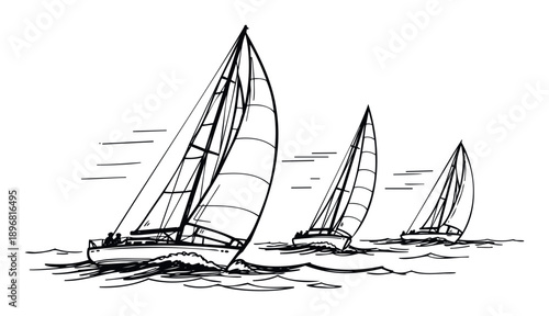 Energetic black and white sketch depicting a thrilling sailboat race on the open sea, perfect for maritime event promotions, nautical club branding, or adventure sport publications.