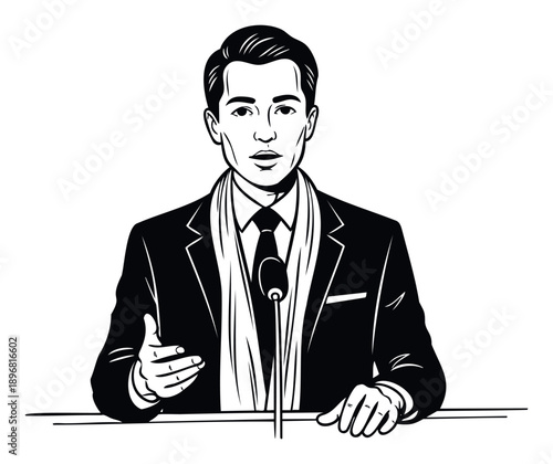 Professional speaker man delivering a presentation at a podium with a microphone, ideal for business communication, public speaking, or corporate event related visual content needs.