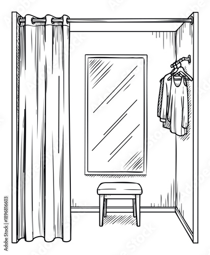 Hand drawn sketch of a changing room with a mirror, stool, and clothes hanging, perfect for retail interior concepts or personal styling blogs