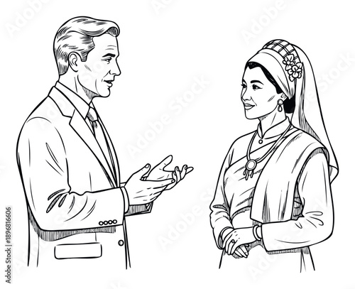 Professional man in a suit engages in a discussion with an Asian woman dressed in traditional attire, symbolizing crosscultural communication and business interactions for various