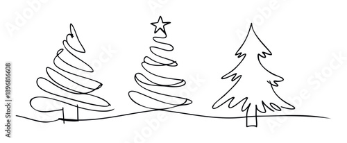 Stylish continuous line drawing of various Christmas trees providing a clean, contemporary look ideal for holiday greeting designs, winter event promotions, or festive season decorations