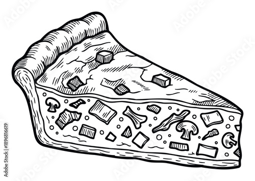A hand drawn black and white line art graphic of a flavorful pizza slice, complete with crust and toppings, suitable for food advertisements, menus, or culinary event promotions.