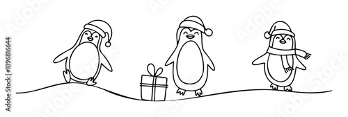 Charming outline drawing of cheerful penguins wearing Santa hats and a scarf, celebrating winter holidays with a gift, ideal for festive greetings, kids activities, or winter season