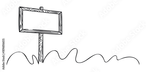 A simple hand drawn blank wooden signpost standing in wavy ground provides a perfect customizable template for message communication or directional information.