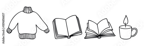 Warm sweater, open books for reading, and a cozy candle in a mug create a comforting scene perfect for autumn relaxation themes, lifestyle blogs, and seasonal promotions.