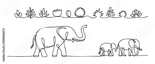 Simple flowing line drawing showcasing a large elephant accompanying two baby elephants with a row of varied jungle plants creating a harmonious wildlife scene for various print and digital