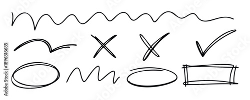 Hand drawn vector lines and shapes including check marks, cross marks, and outlines for highlighting text or adding expressive graphic elements to documents, presentations, or digital