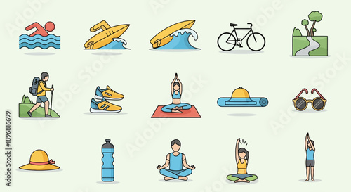 Collection of diverse outdoor leisure and sports activity icons.