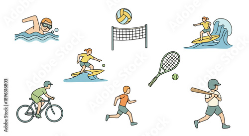 Collection of diverse sports and recreational activities depicted in a simple line art style.