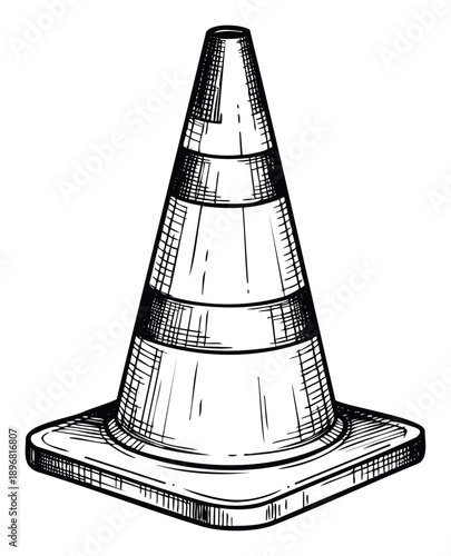 Hand drawn sketch of a plastic safety cone used for road construction or directing vehicle movement, suitable for public safety signage or hazard warning communication.